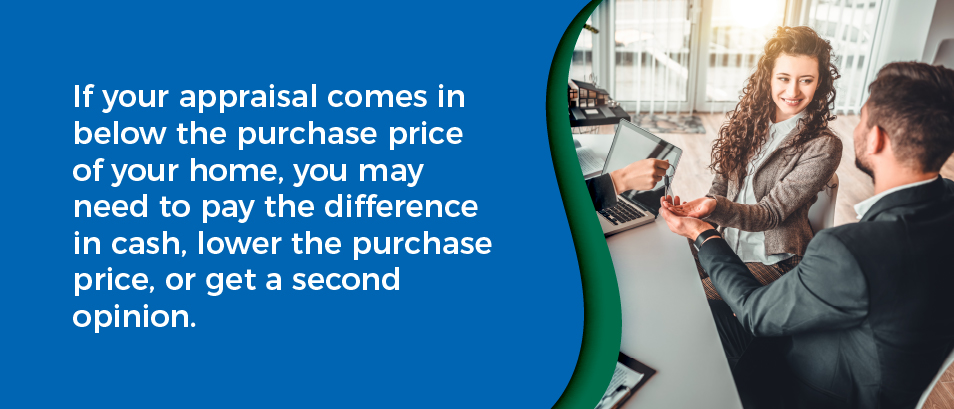 If your appraisal comes in below the purchase price of your home, you may need to pay the difference in cash, lower the purchase price, or get a second opinion. - Image of a couple talking with a realtor